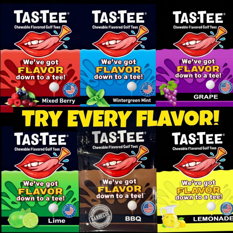 A promotional collage showing six TASTEE flavor options for chewable flavored golf tea: Mixed Berry, Wintergreen Mint, Grape, Lime, BBQ, and Lemonade, with large text reading 'TRY EVERY FLAVOR!'.